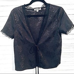 Wild Honey | Black Floral Lace Vintage Cropped Front Tie Top